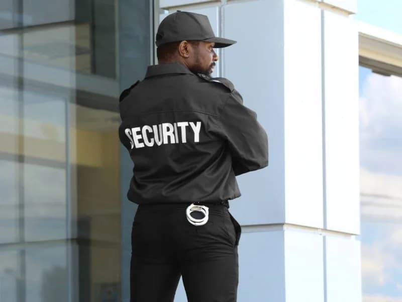 Agent de sécurité SEGIC en poste devant un bâtiment