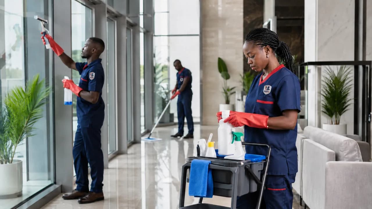 Équipe d’entretien SEGIC nettoyant le hall d’un immeuble de bureaux